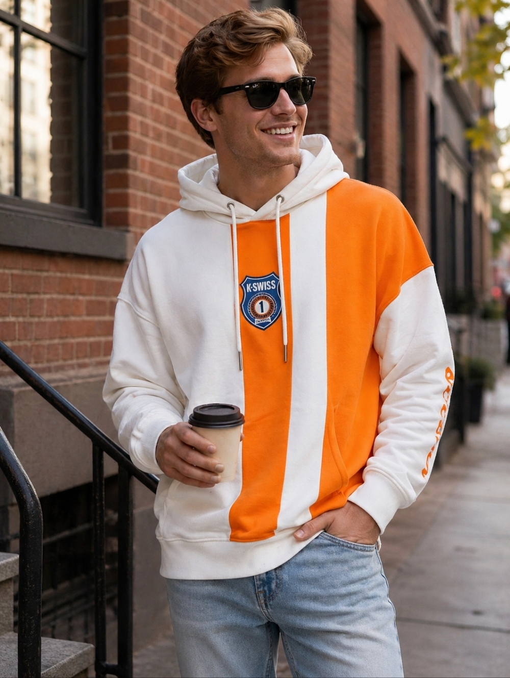 K-Swiss Men's White and Orange McClaren Hoodie with Stripe Detail